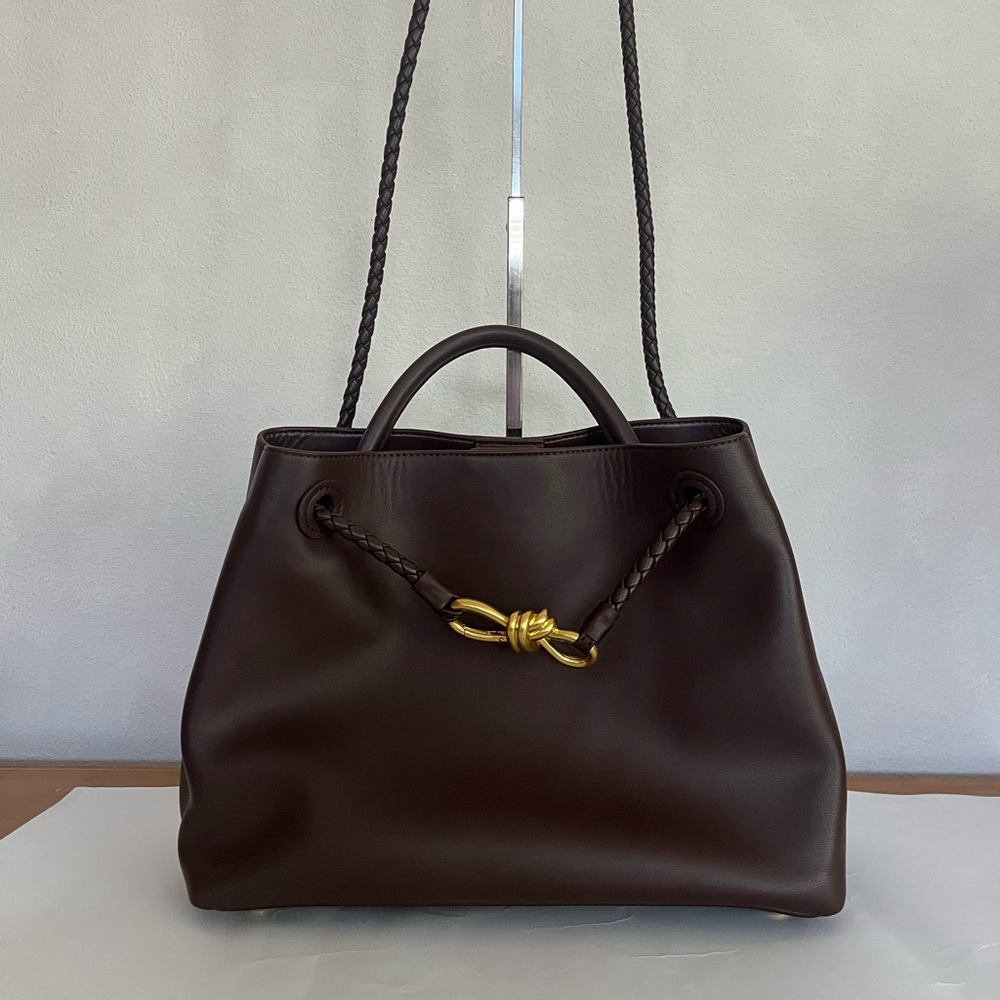 Designer Brown Woven Leather Handbag with Gold knot like Bottega Veneta Andiamo